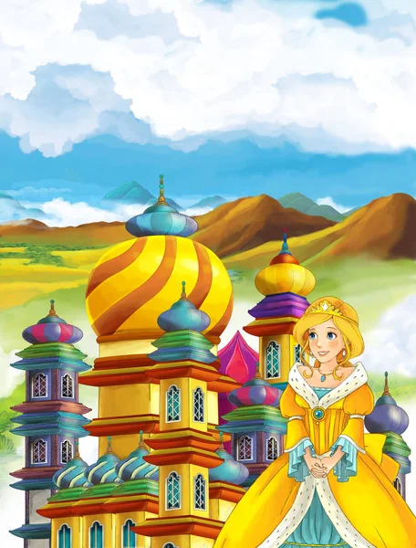 Kız bir kale önünde ayakta