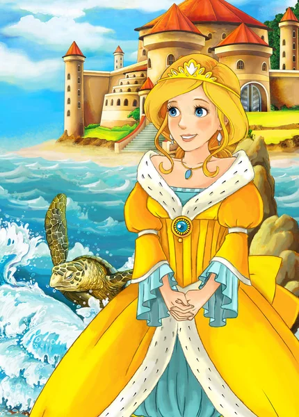 Flickan står framför ett slott och havet — Stockfoto