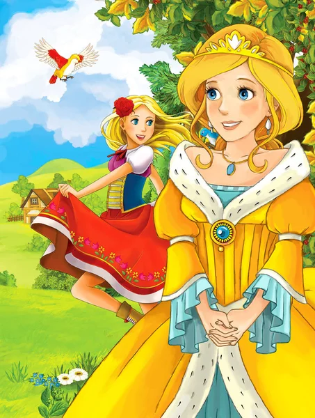 Cartoon scene with cute princesses in the forest