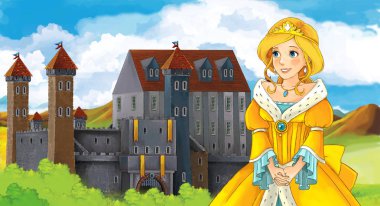 Kız bir kale önünde ayakta