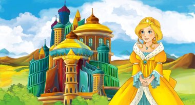 Kız bir kale önünde ayakta