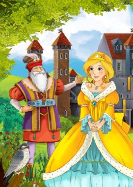 önünde bir kale ve Prens ya da Kral, kız