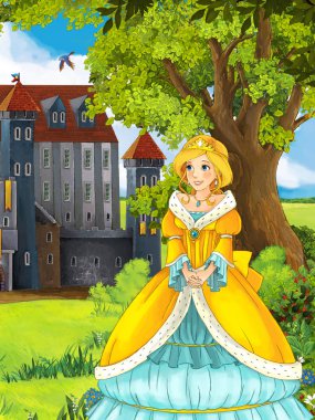 Kız bir kale önünde ayakta