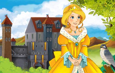 Kız bir kale önünde ayakta