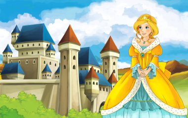 Kız bir kale önünde ayakta