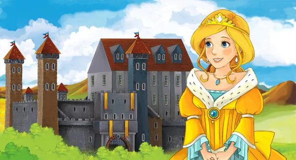 Girl standing in front of a castle — Stock Photo, Image