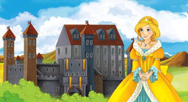 Girl standing in front of a castle — Stock Photo, Image