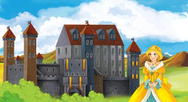 Kız bir kale önünde ayakta