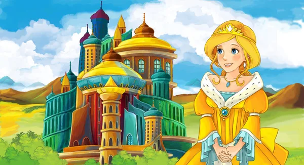 Kız bir kale önünde ayakta