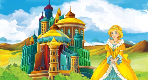 Kız bir kale önünde ayakta — Stok fotoğraf