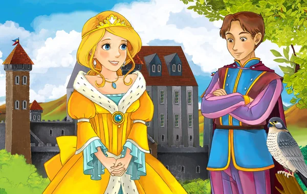 Meisje in de voorkant van een kasteel en de Prins of de koning — Stockfoto
