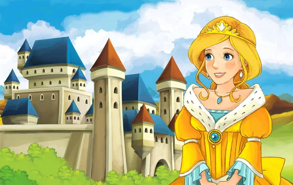 Girl standing in front of a castle — Stock Photo, Image
