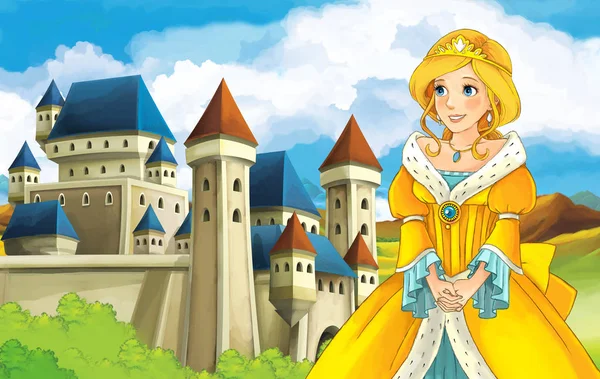 Kız bir kale önünde ayakta