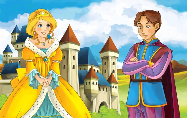 Dziewczynę stojącą naprzeciwko zamku i książę — Zdjęcie stockowe