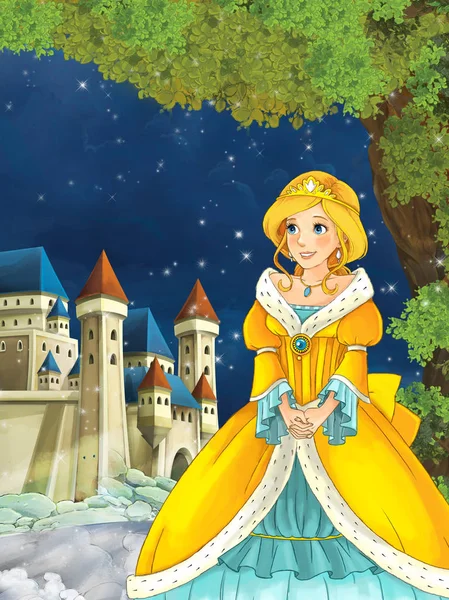 Princess looking at castle in the background — Stock Photo, Image