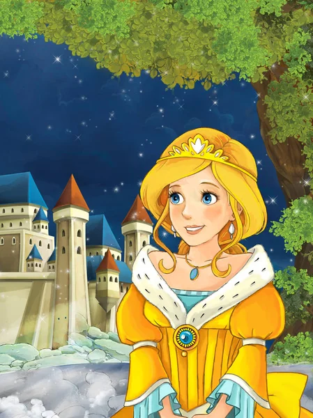 Princess looking at castle in the background — Stock Photo, Image