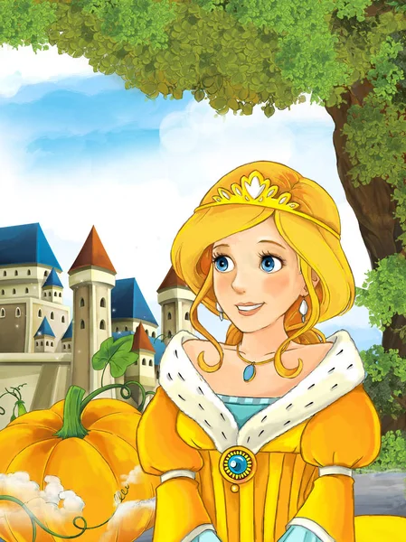 公主看着城堡的背景 — 图库照片