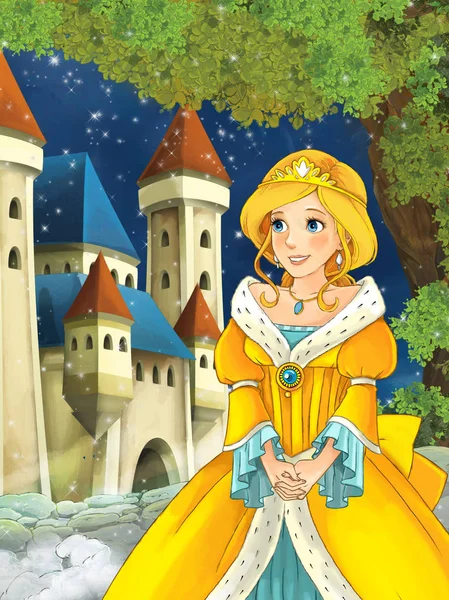 Princesa olhando para o castelo no fundo — Fotografia de Stock