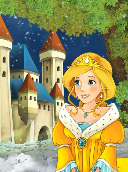 Princess looking at castle in the background — Stock Photo, Image