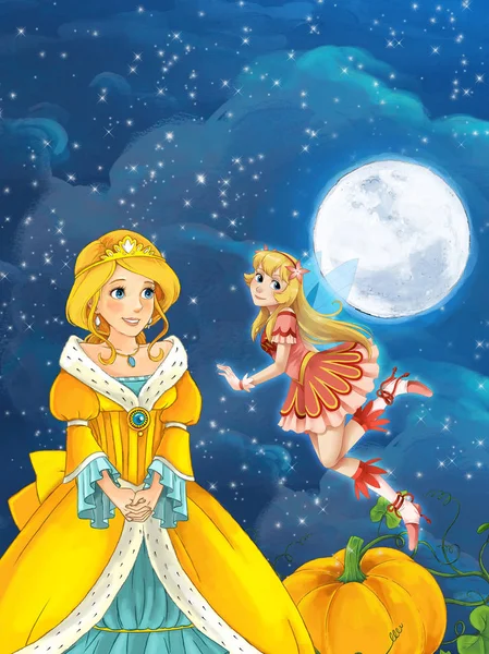 Cartoon scene of beautiful sorceress and princess — Stock Photo, Image