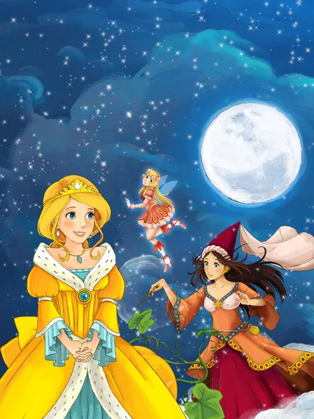 Cartoon scene of beautiful sorceress and princess