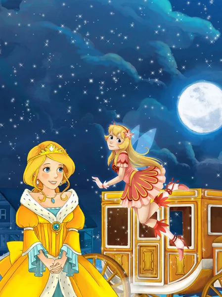 Princess looking at flying fairy sorceress — Stock Photo, Image