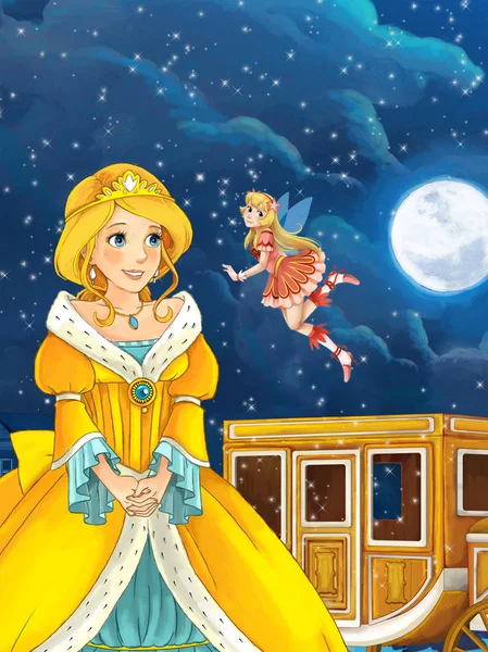 Prinsessan tittar på flygande älva trollkvinna — Stockfoto