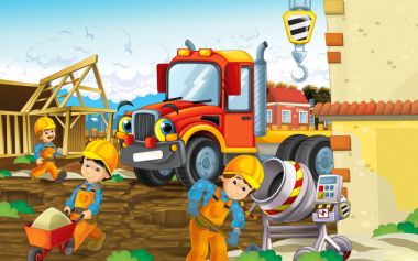 Şantiye ağır kamyon ve işçiler ile