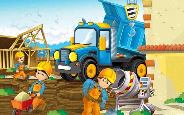 Canteiro de obras com caminhão pesado e trabalhadores — Fotografia de Stock