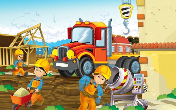 Építkezés a nehéz tehergépjármű és a munkavállalók — Stock Fotó