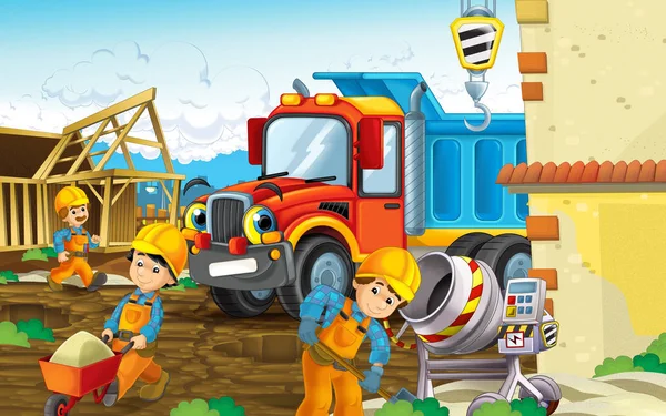 Canteiro de obras com caminhão pesado e trabalhadores — Fotografia de Stock