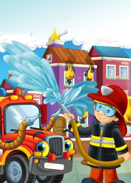 Tűzoltó és munkahelyi kinyújtva a tűz autó — Stock Fotó