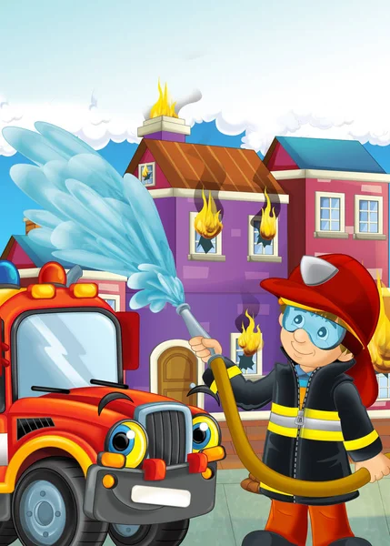 消防员和救火的工作车 — 图库照片