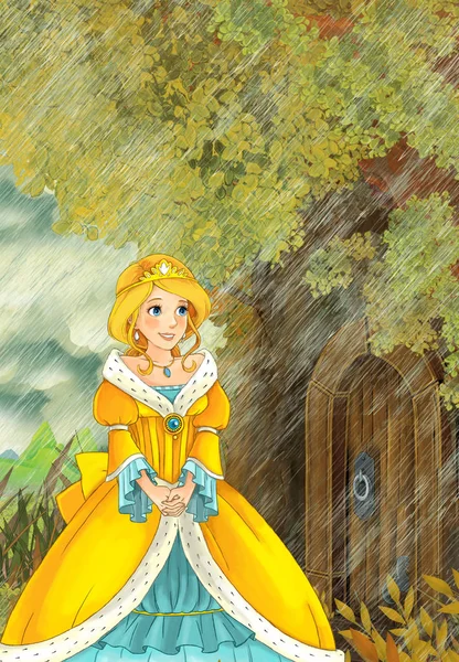 Prinses gonna de boomhut tijdens regen — Stockfoto