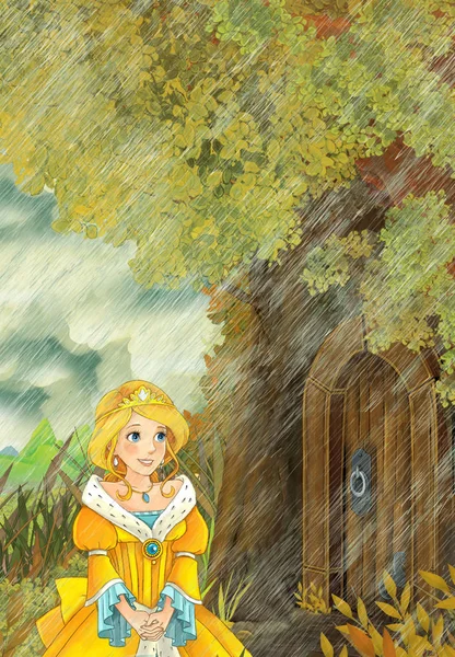 Princesa va a la casa del árbol durante la lluvia — Foto de Stock