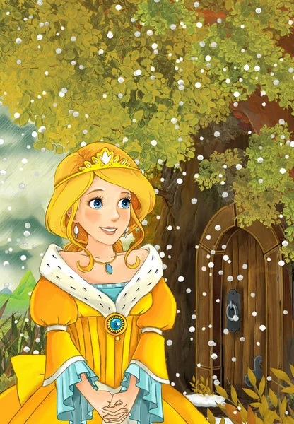 Prinzessin geht bei Schnee ins Baumhaus — Stockfoto
