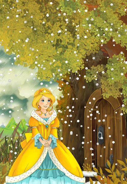 Princess going to the tree house during snow — стоковое фото