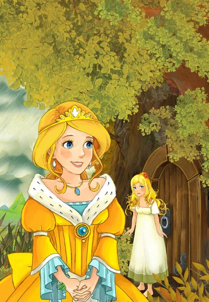 Flicka prinsessa går till trädet hus för att träffa andra flicka — Stockfoto