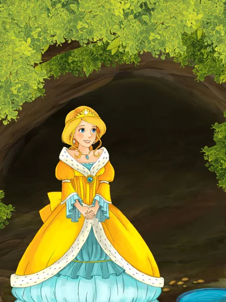 Princess standing near pond and hole or cave — Stock Photo, Image