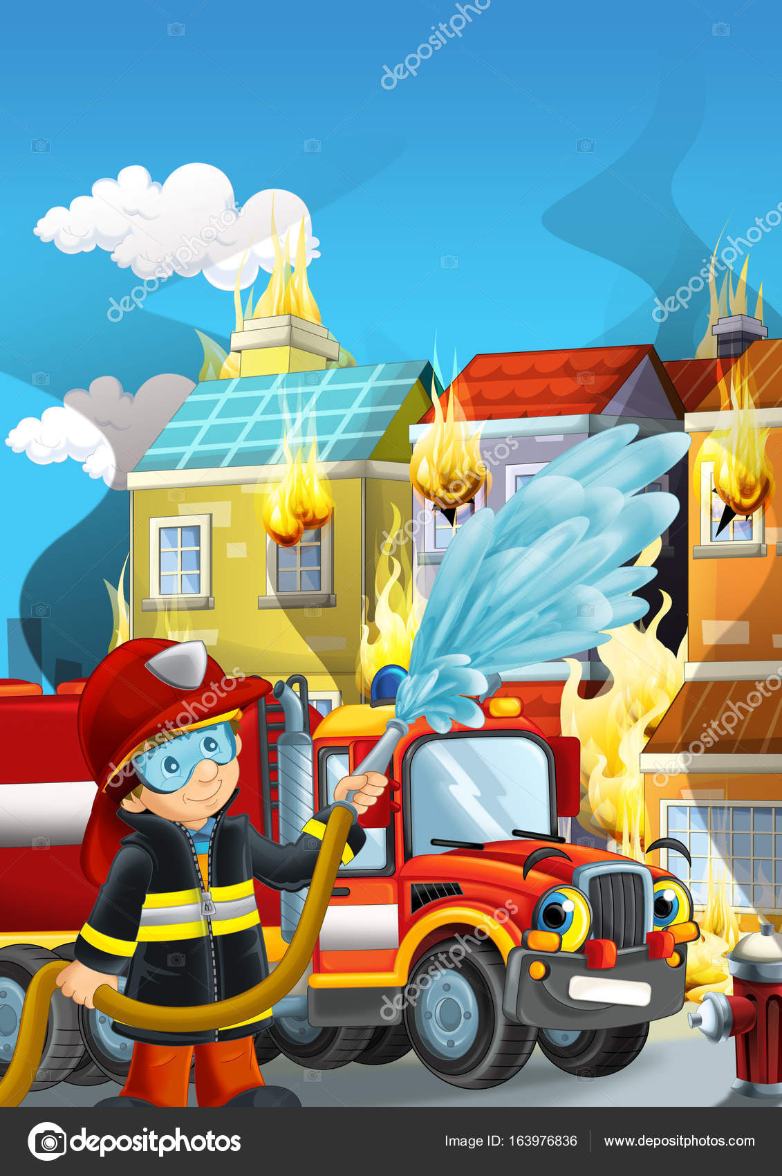Fire fighter and truck at work putting out the fire Stock Photo by ©illustrator_hft 163976836 Fire fighter and truck at work putting out the fire Stock Photo by ©illustrator_hft 163976836