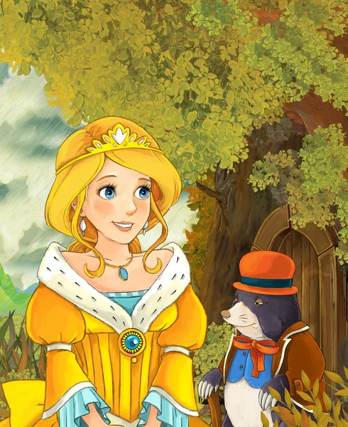 Princess next to the tree house talking to mole — стоковое фото