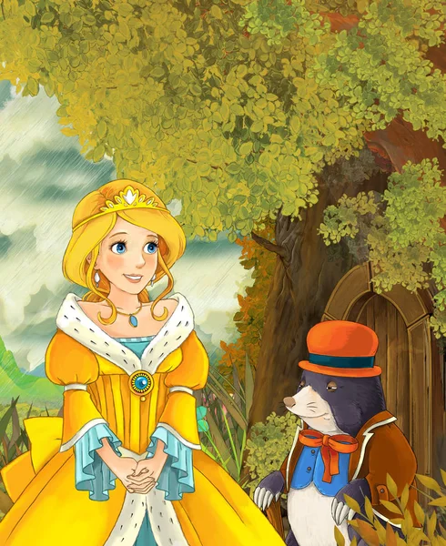 Princesa ao lado da casa da árvore falando com toupeira — Fotografia de Stock