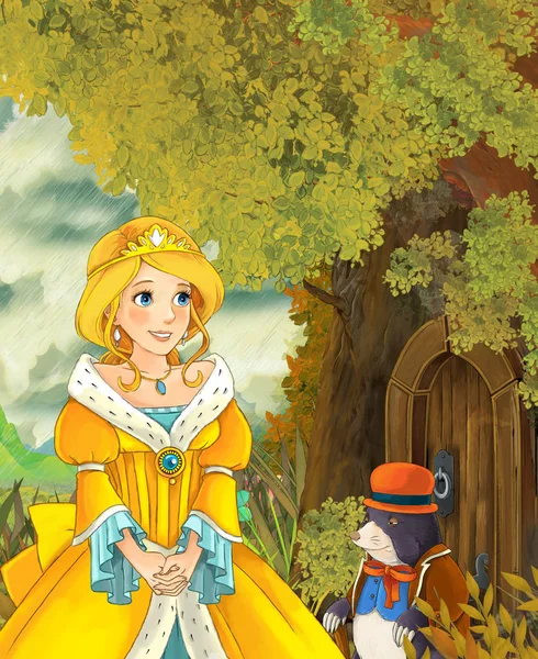 Prinzessin neben dem Baumhaus im Gespräch mit Maulwurf — Stockfoto