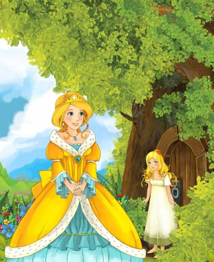 Diğer kızla konuşurken ağaç evin yanında Prenses 