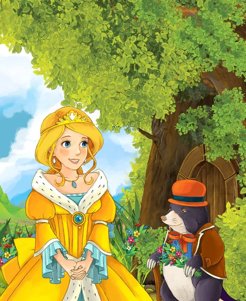 Princess next to the tree house talking to mole — стоковое фото