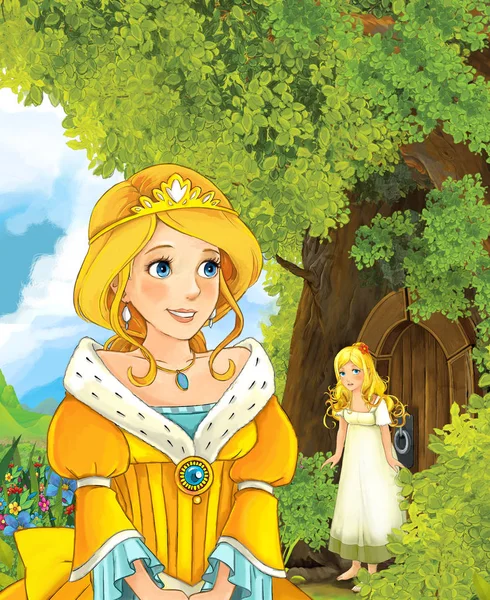 Prinzessin in der Nähe des Baumhauses im Gespräch mit anderen Mädchen — Stockfoto
