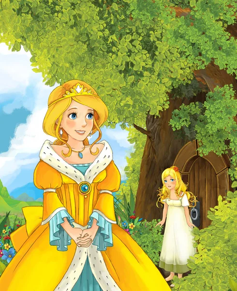 Księżniczka w pobliżu tree house rozmawia z inna dziewczyna — Zdjęcie stockowe