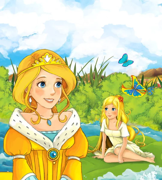 Princess looking at girl on swimming on a leaf — Stock Photo, Image