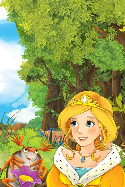 Princess in the forest talking to bug — Stock Photo, Image