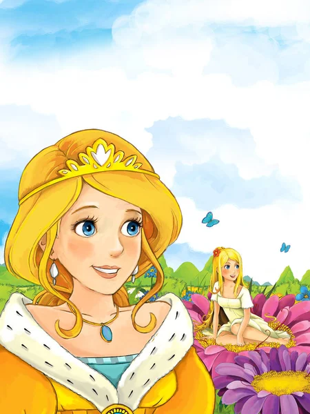 Princess in the meadow looking at fairy on flower — Stock Photo, Image